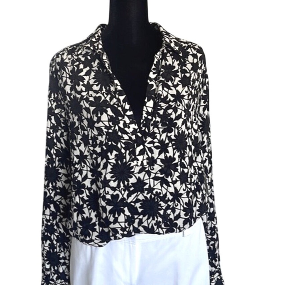 Hinge Black White Floral Print Button Down Collared Long Sleeve Shirt Top Small